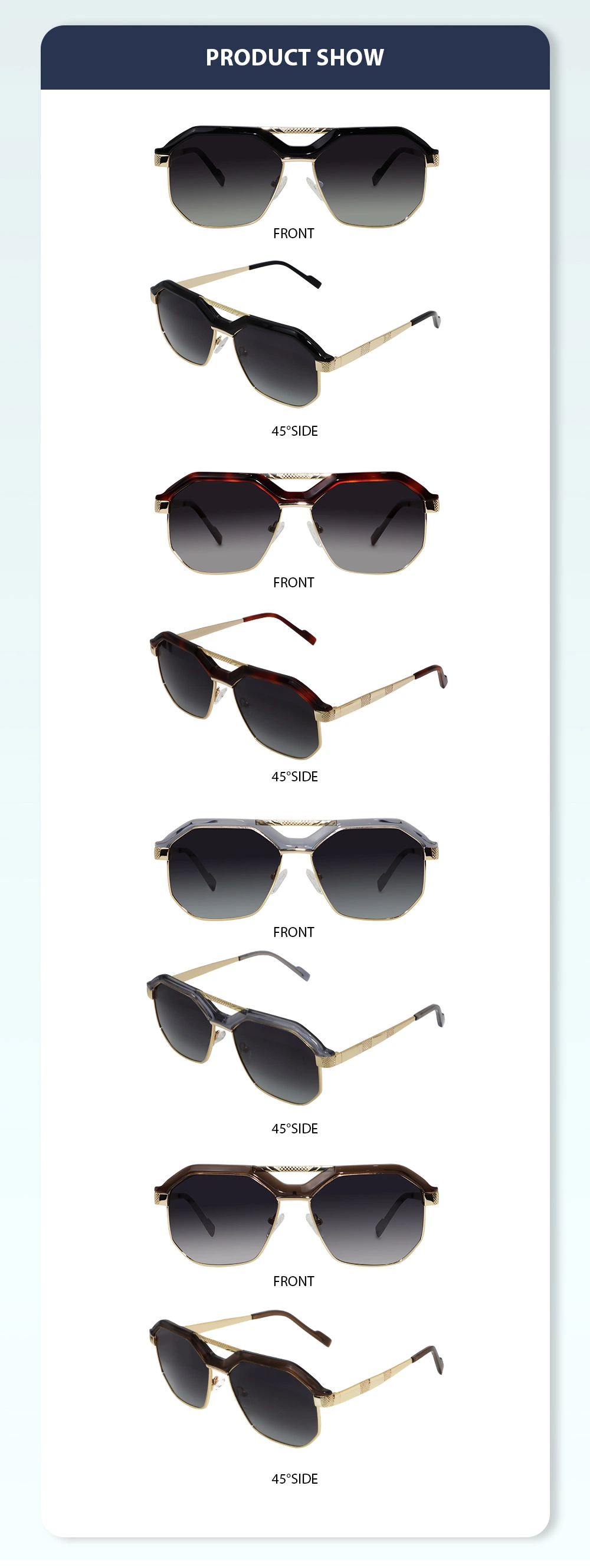 Yeetian Fashionable Gold Metal Black Acetate Big Square Aviation Sunglasses Women