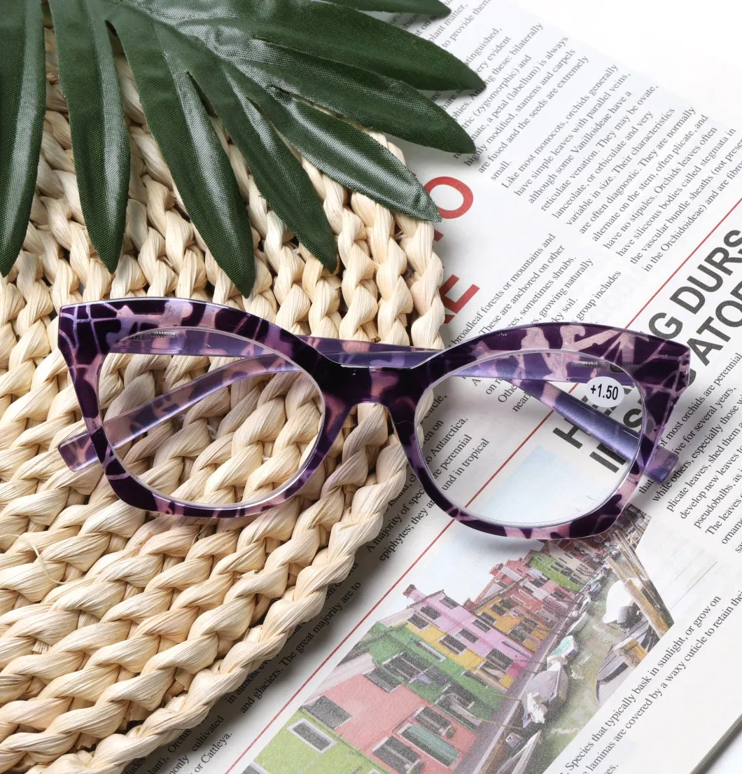 Fashion Flower Painting Outside Cat Eye PC Reading Glasses with Spring Hinge Anti Blue Light