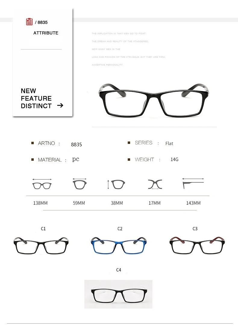 2020 New Fashion Square Flat Mirror Frame Mirror Plastic PC Glasses Frame Can Be Equipped with Presbyopia Myopia Glasses Frame
