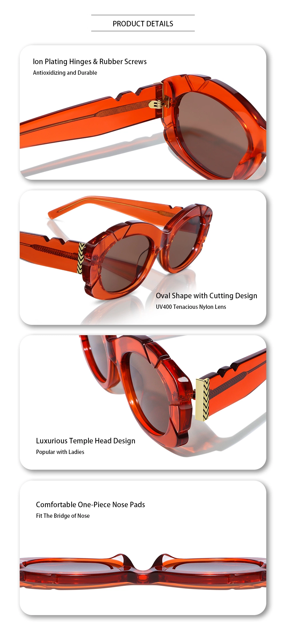 Yeetian Luxury Design Acetate Eyewear Vintage Women Ladies Candy Red Oval Sunglasses