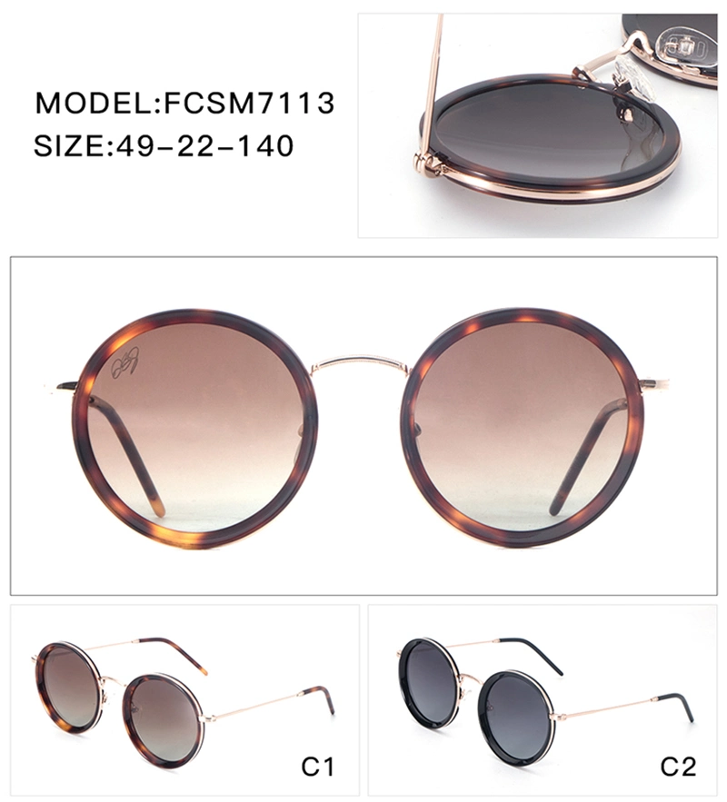 Unisex Fashion Luxury Polarized Acetate Frame Metal Temple Round Retro New Promotion Ready Stock Brand Eyewear Sunglasses