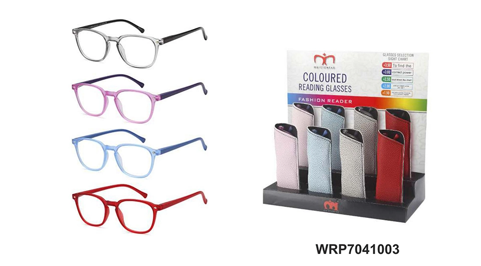 Promotional Rectangle Light Frame Pattren Fashion Reader Unisex PC Spring Temple Reading Glasses with Display (WRP7041003)
