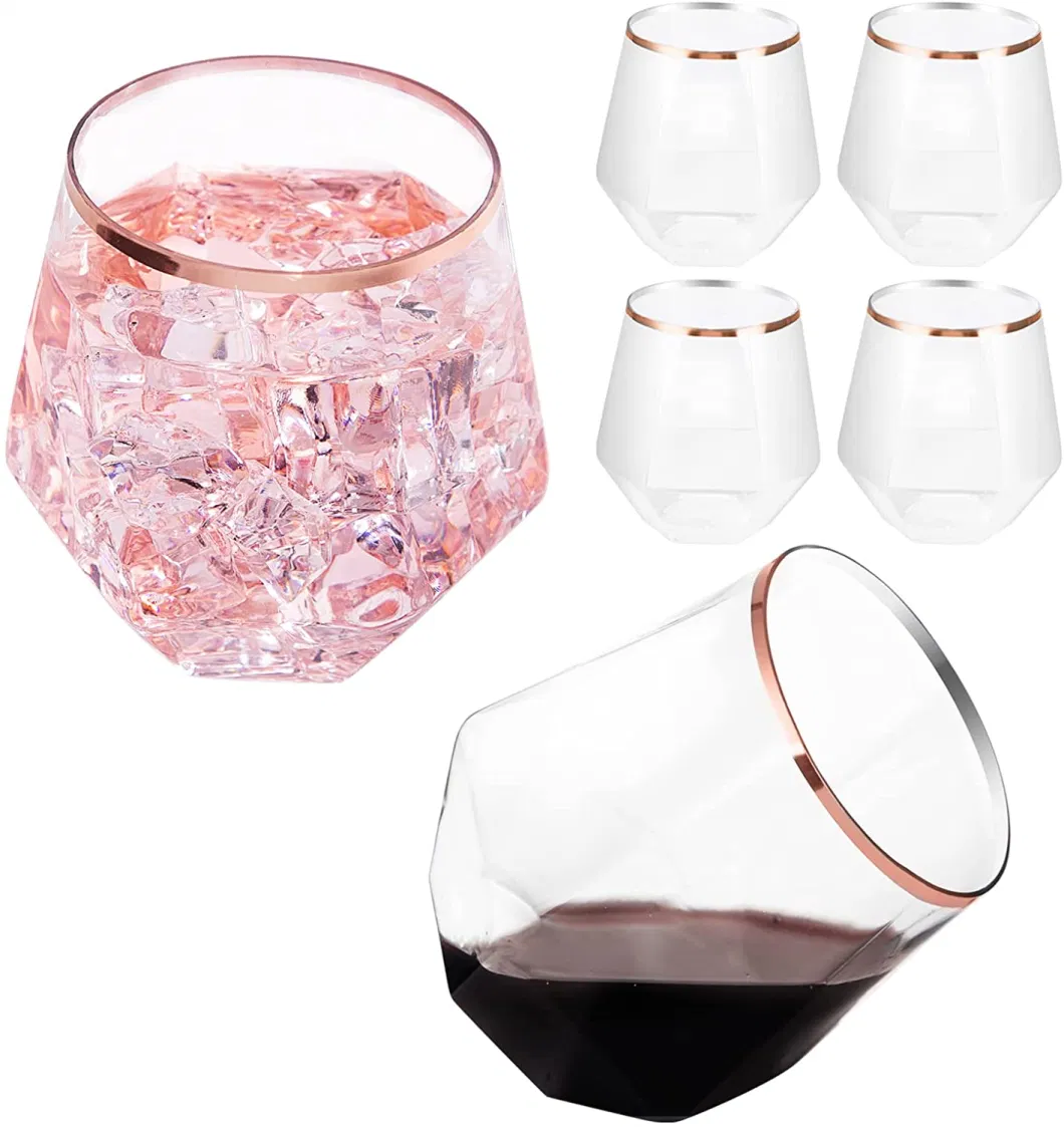 24 Pack Stemless Plastic Wine Glasses 12 Oz Gold Rim Cup, Disposable Plastic Wine Glass Plastic Unbreakable Champagne Glasses