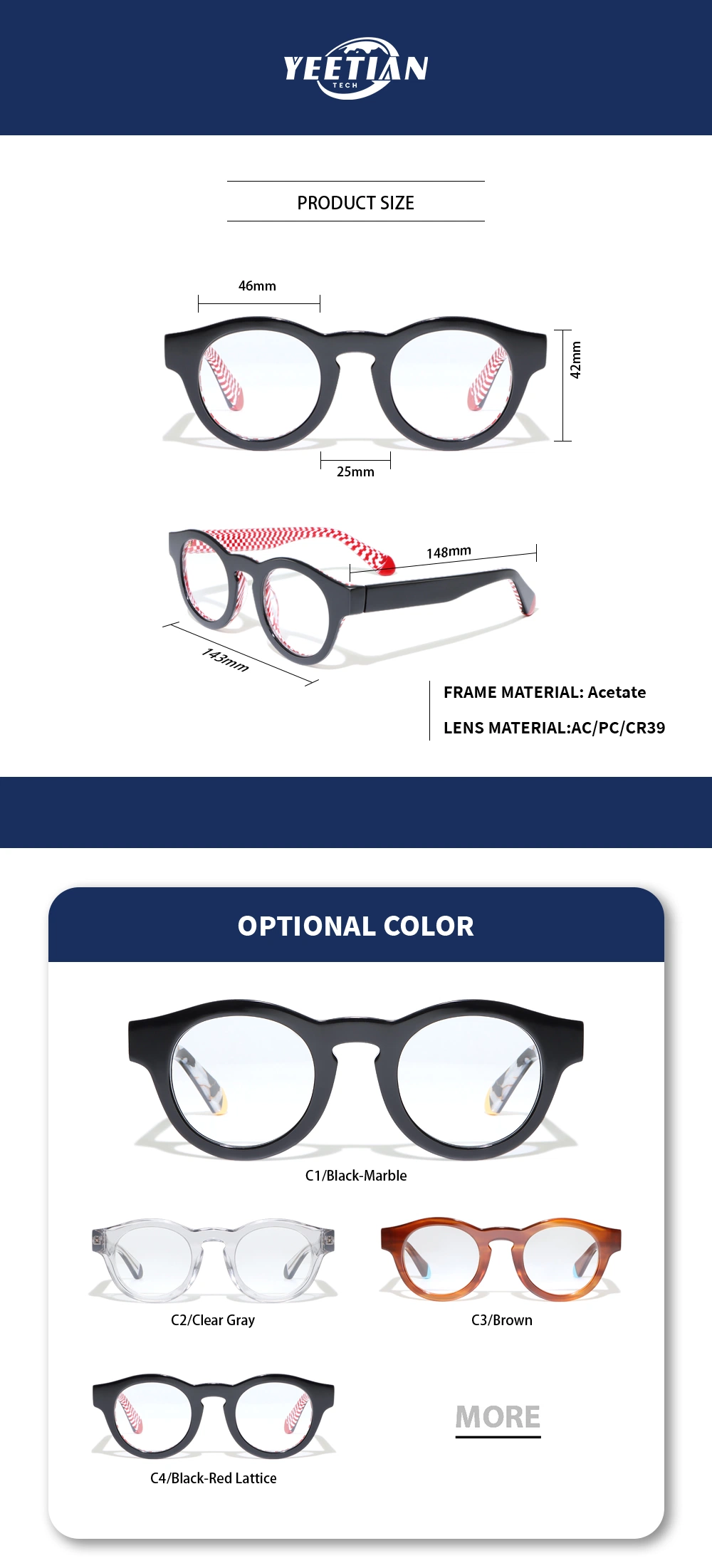 Yeetian Unique Brown Havana Circle Acetate Optical Prescription Glasses with Color Blocking Tails