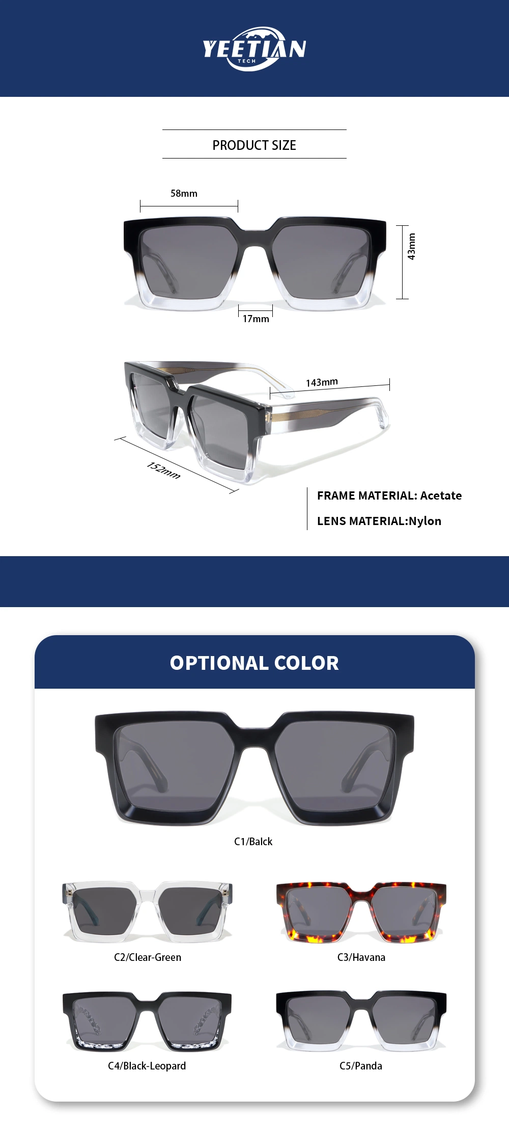 Yeetian Custom Clear and Black UV400 Protective Bevel Cut Big Square Acetate Sunglasses