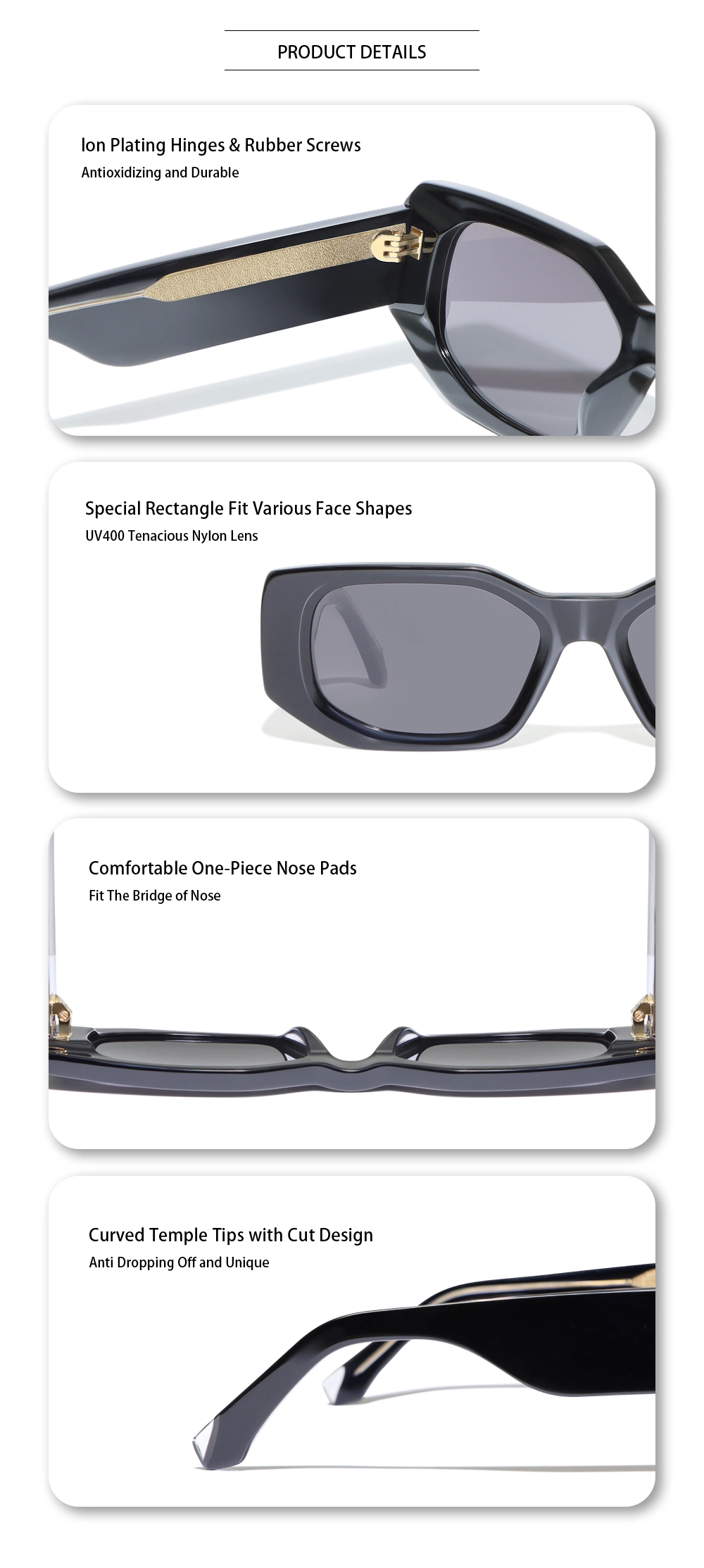 Yeetian Custom Nylon High Quality Fashion Black Rectangle Acetate Sunglasses
