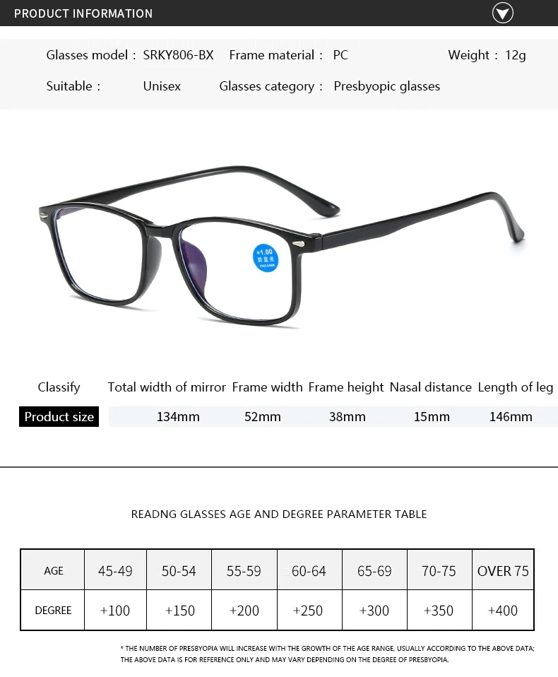 Wholesale Cheap Stock Classical Fashion Design Anti Blue Light Eyewear Optical Frame Tr90 Eyeglasses Frames Old Men or Women Reading Glasses