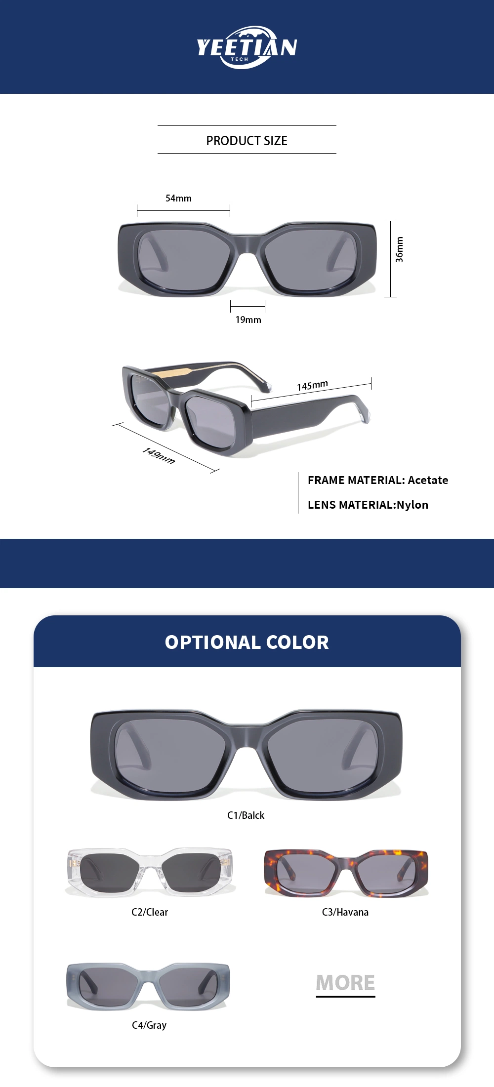 Yeetian Custom Nylon High Quality Fashion Black Rectangle Acetate Sunglasses