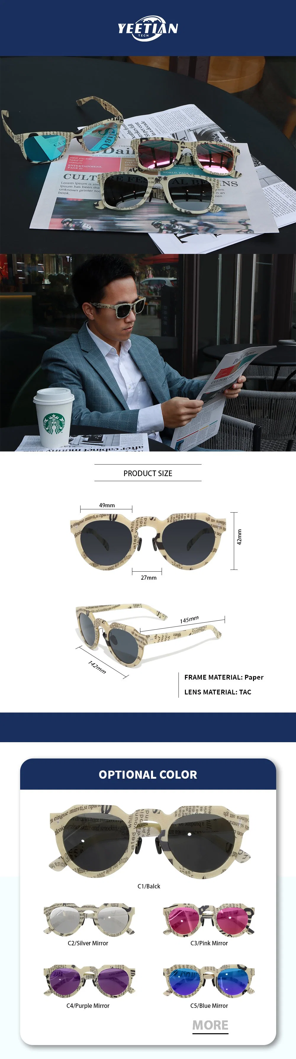 Yeetian Polarized Optical Lenses Retro Sunglasses Made of Recycled Paper Material