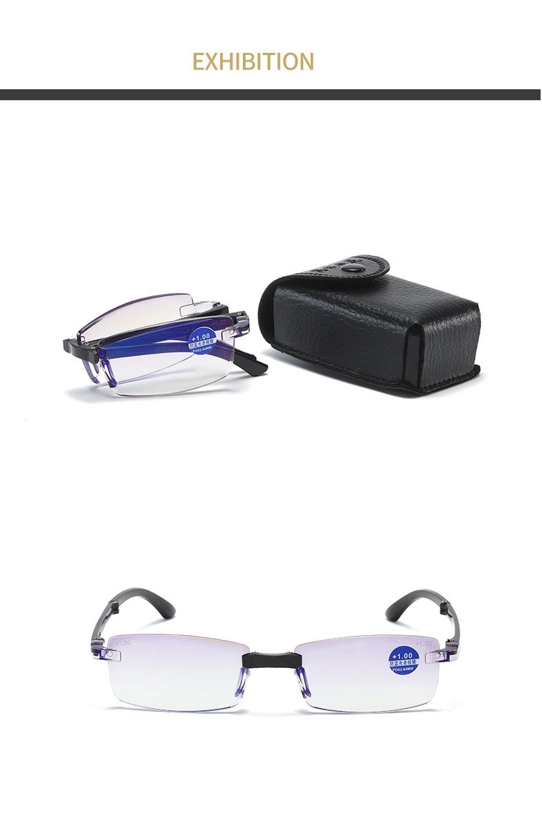 New Folding Diamond Cut Edge Anti-Blue Light Reading Glasses Men&prime;s Frameless HD Coated Reading Glasses with Mirror Box Spot
