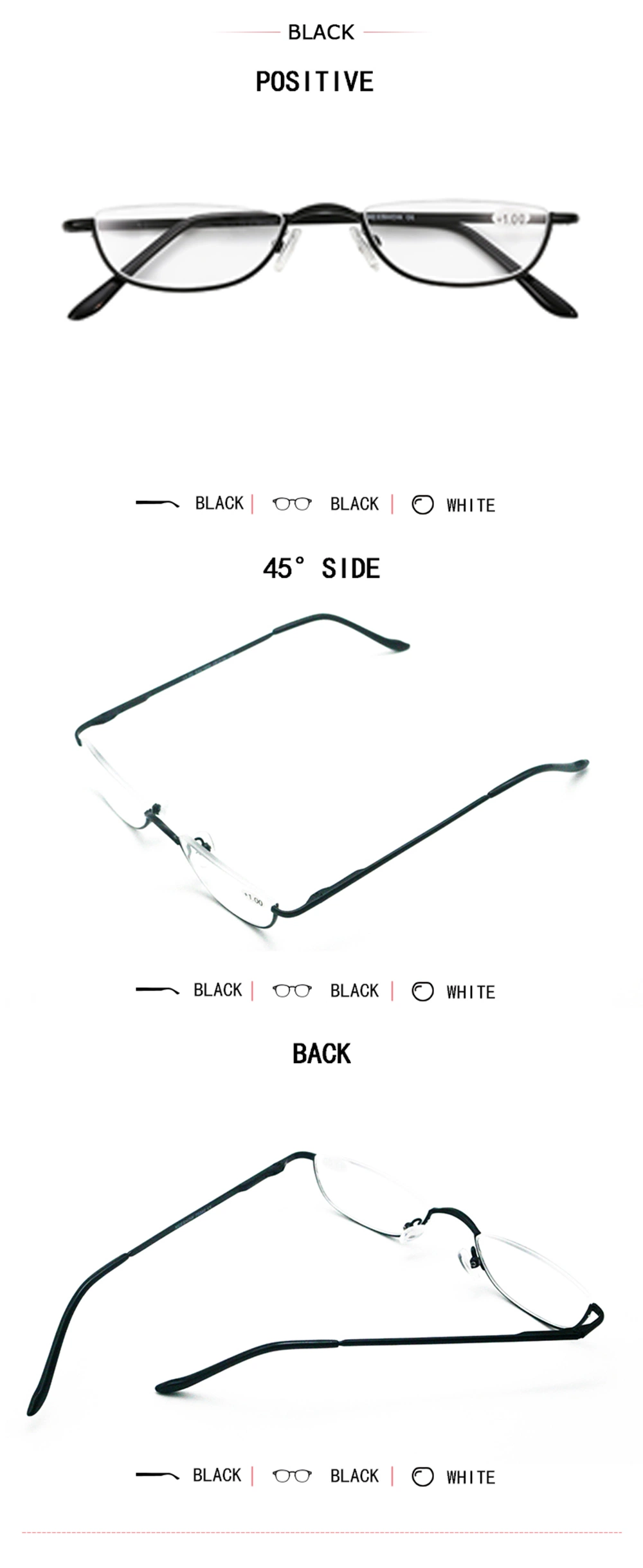 Metal Half Moon Presbyopic Female Male Semi Rimless Reading Glasses