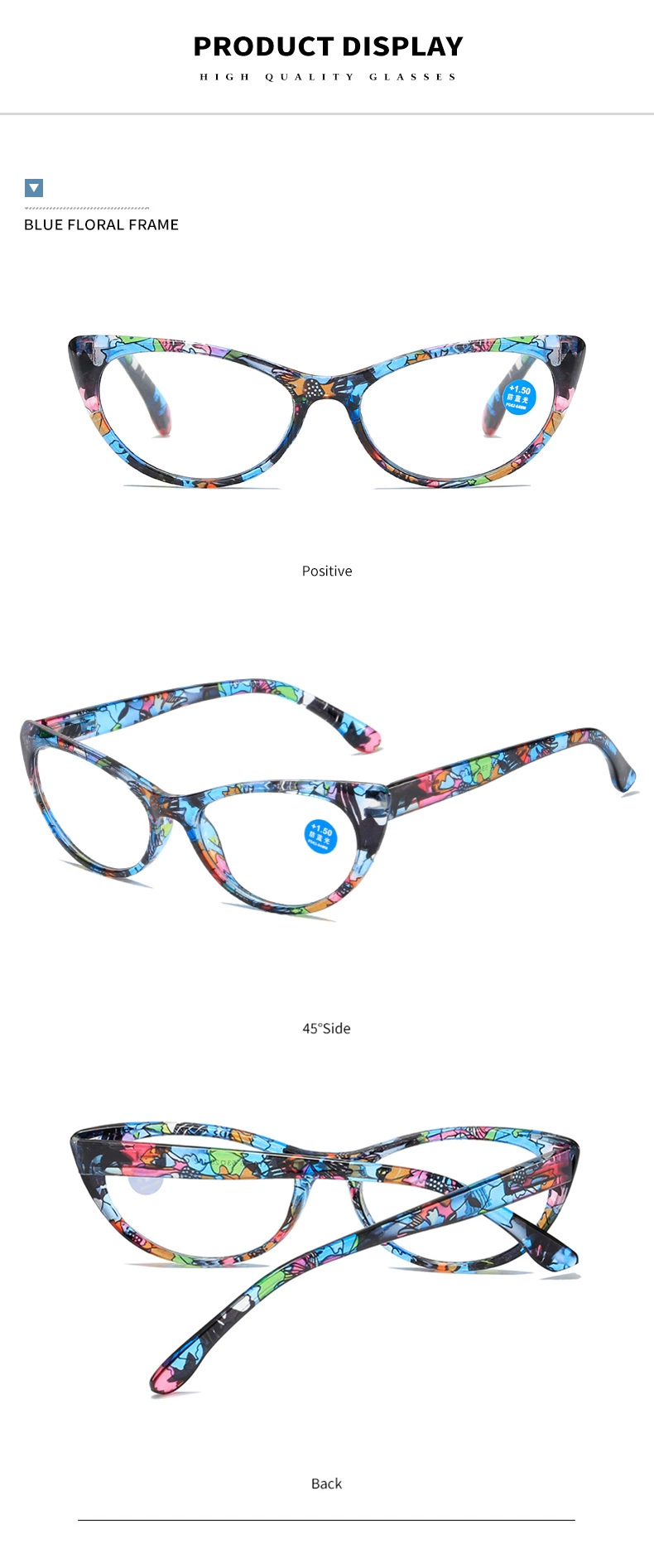 Ready to Ship Fashionable Comfortable Cat Eye Floral Frame Anti Blue Light Eyewear Women Colorful Reading Glasses