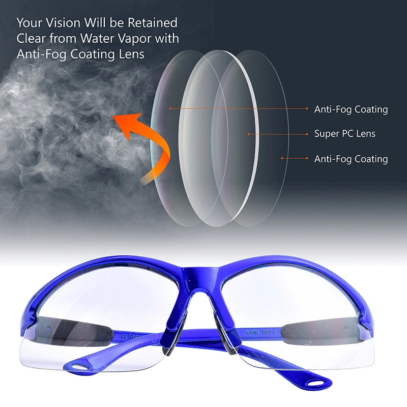 CE En 166f Anti Fog Anti Scratch Dust Proof Clear PC Lens Blue Frame Work Safety Glasses