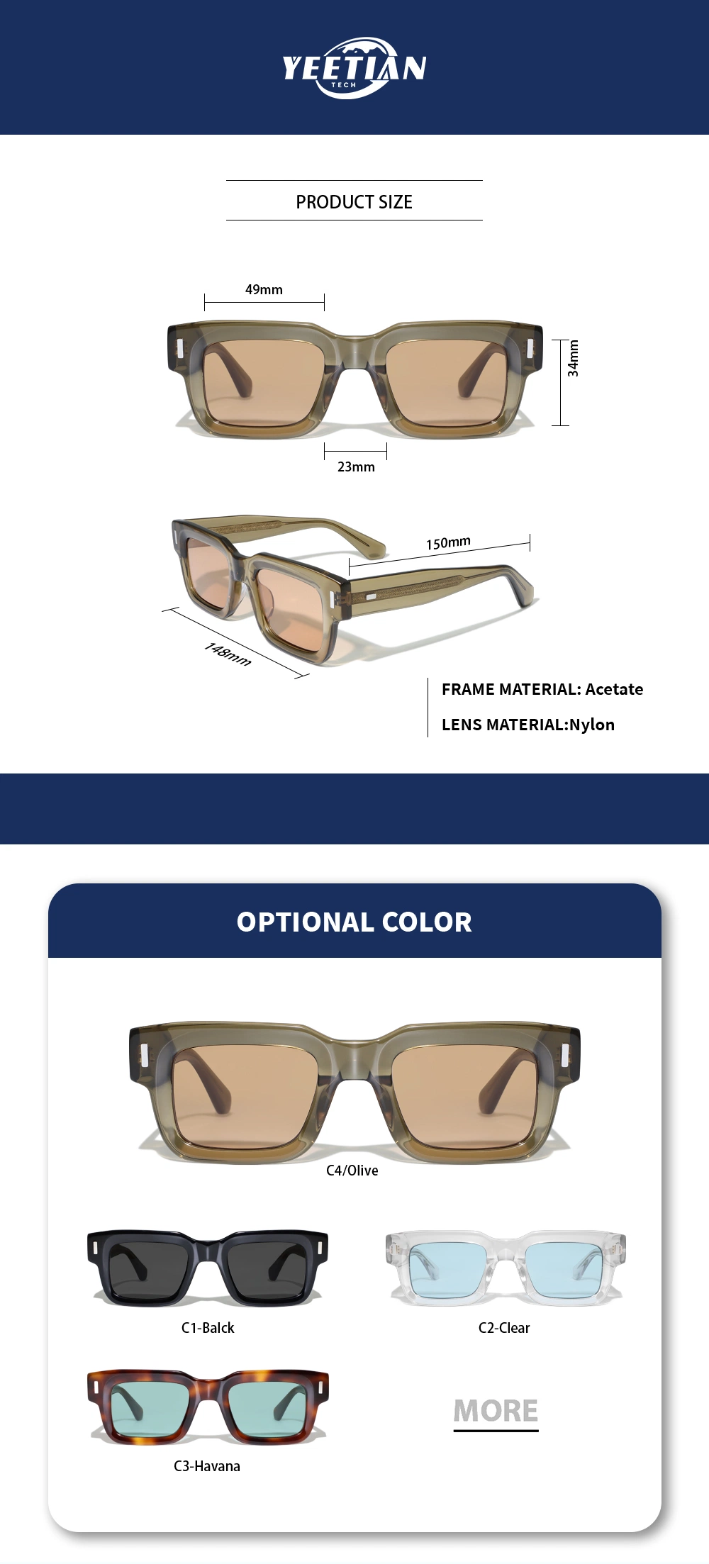 Yeetian Bevel Acetate Frame Retro Rectangle 2023 Luxury Men Light Shade City Vision Sunglasses