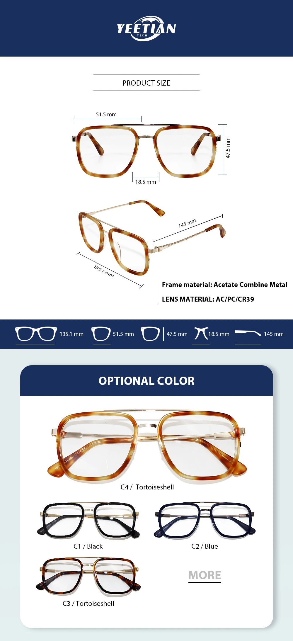 Yeetian Wholesale Chinese Double Bridge Captain Design Prescription Optical Glasses Metal Eyeglass Frames with Acetate for Men