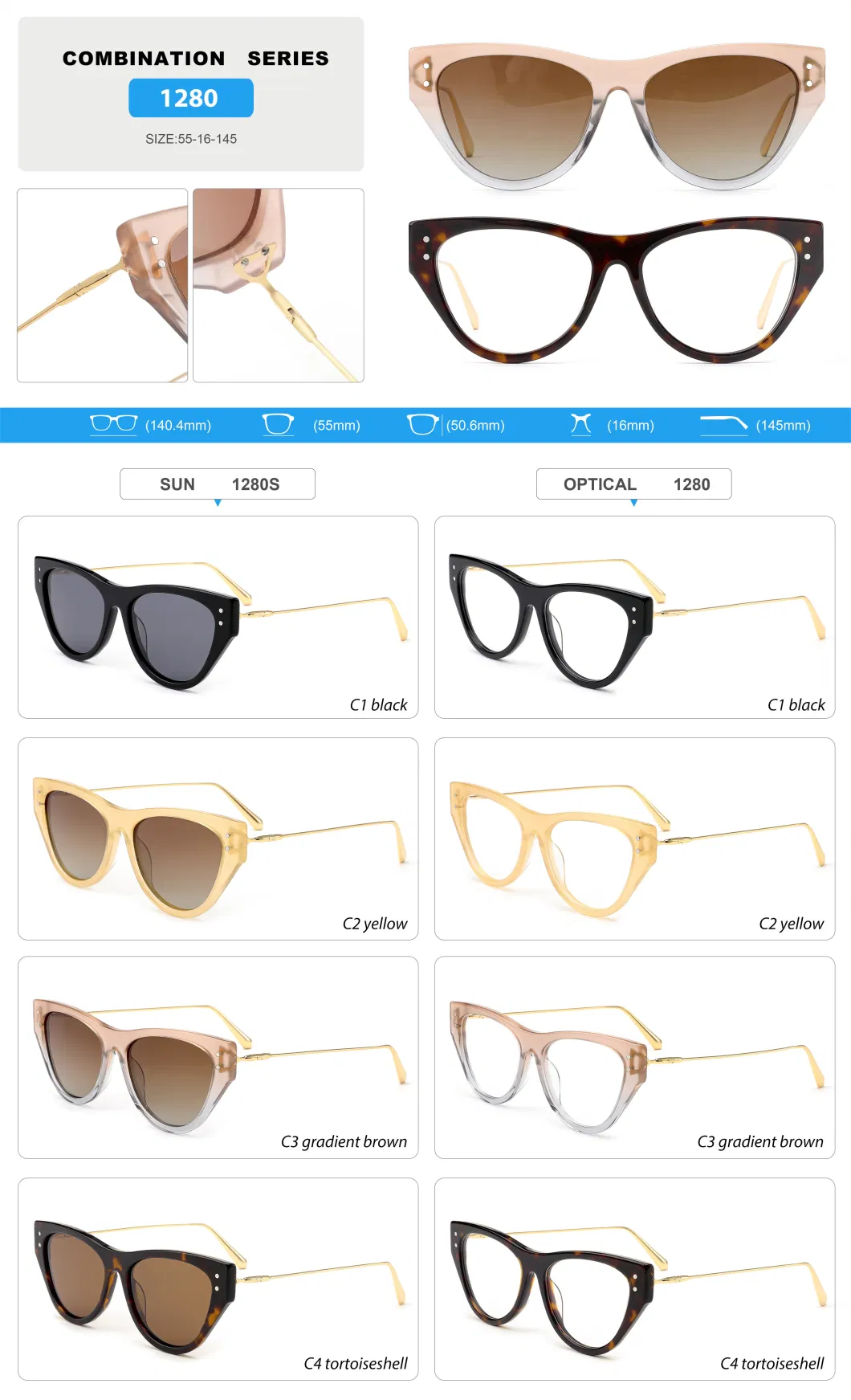Hot Sale Acetate Front Frame Shades Metal Temple Sun Glasses Trendy Color Sunglasses
