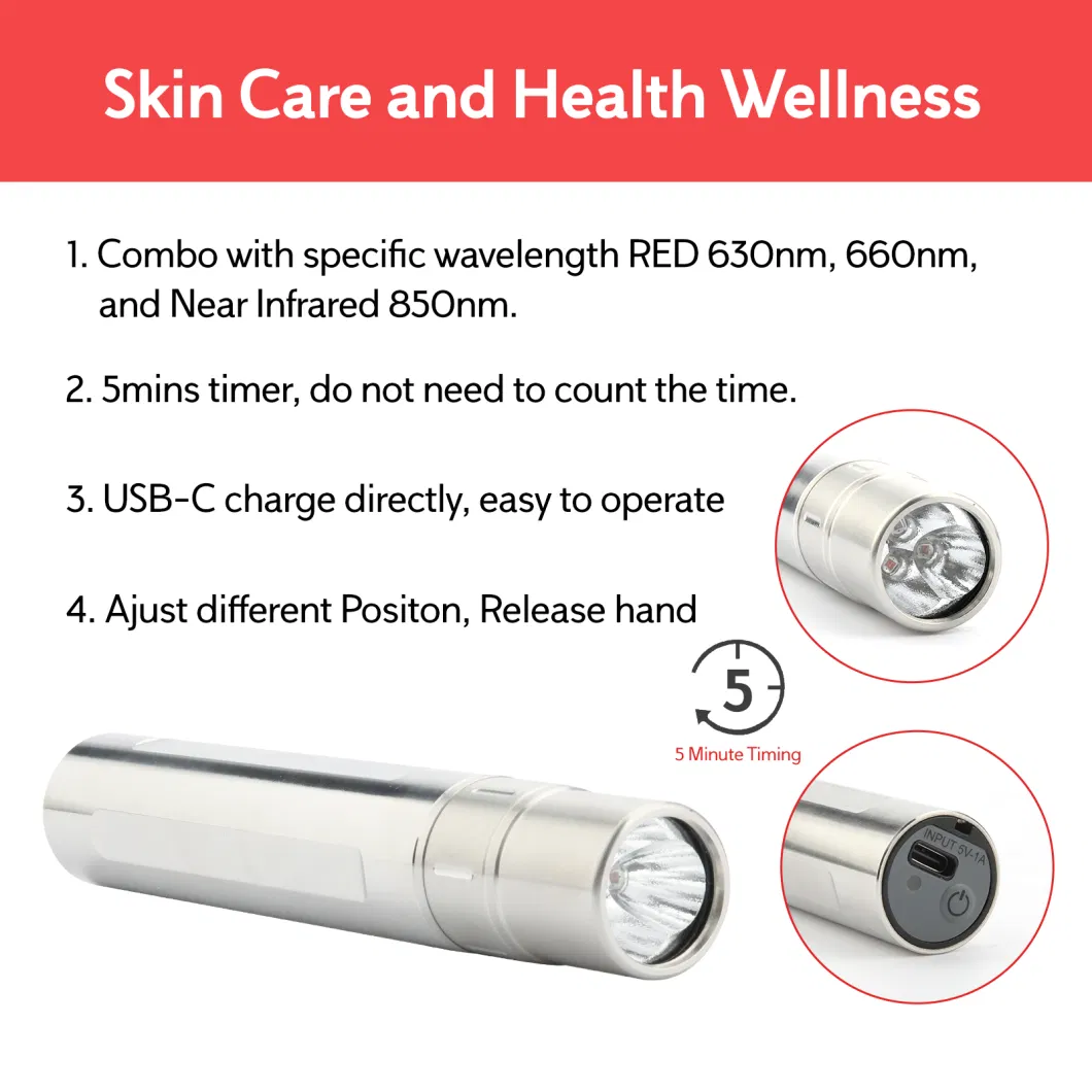 Factory DC 5V Joint Pain Relief Pen with Support 5mins Timer Function 630nm 660n 850nm Battary Infra LED Red Light Therapy Torch