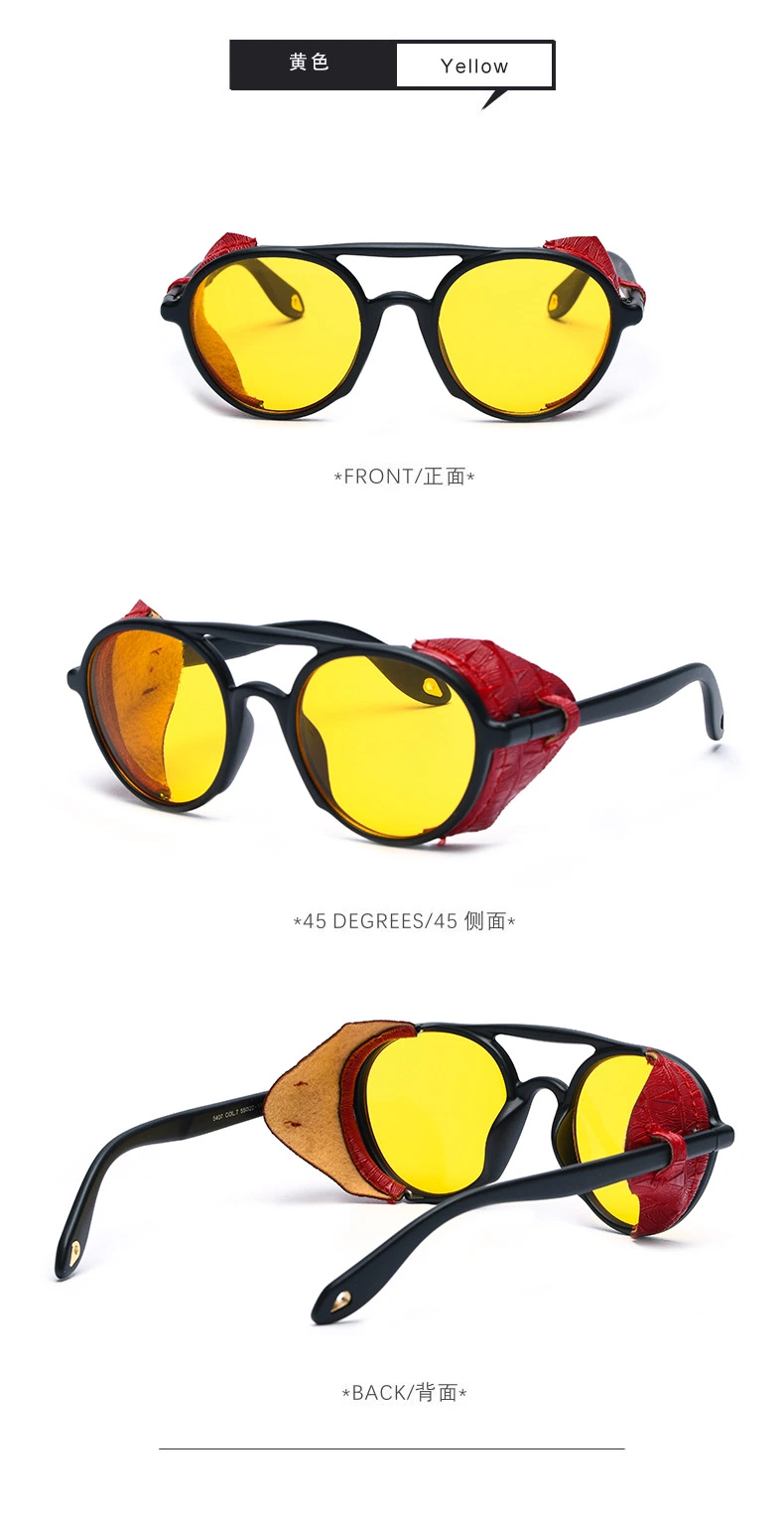 New Steampunk Sunglasses Men&prime;s Stylish Leather Bag Edge Decorative Round Frame Women&prime;s Sunglasses (CFEGS-064)