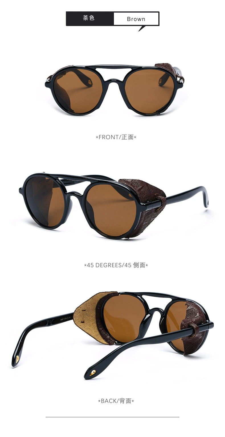 New Steampunk Sunglasses Men&prime;s Stylish Leather Bag Edge Decorative Round Frame Women&prime;s Sunglasses (CFEGS-064)