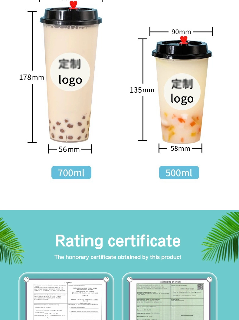 500ml/700ml Disposable PP Plastic Tea Milk Drinking Cup with Custom Logo Printing