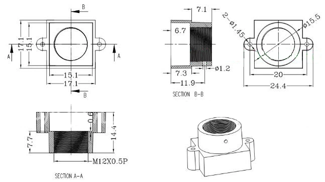 Plastic Hole Distance 20mm Height 14.3mm M12 M12X0.5p S Board Lens Mount Holder for CCD CMOS Sensor