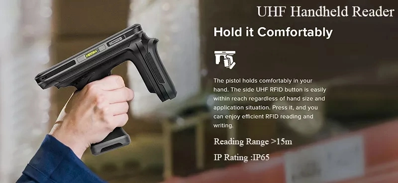 UHF RFID Handheld Reader for Inventory Electronic Product Retail Chain Store Management with Barcode Scanner