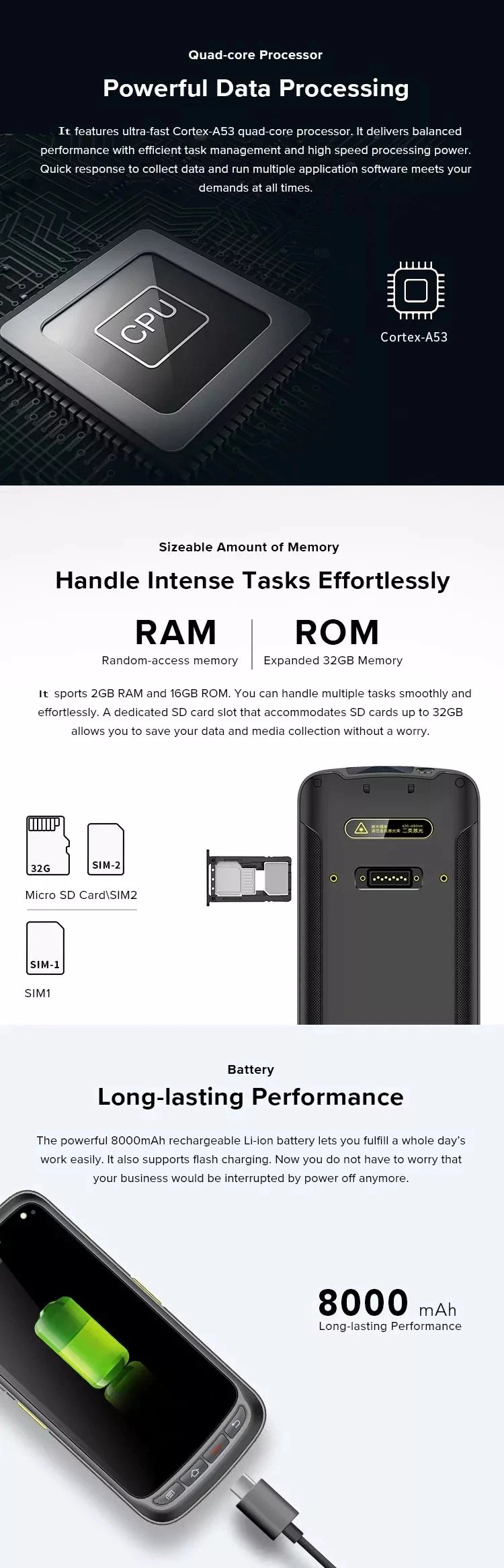 UHF RFID Handheld Reader for Inventory Electronic Product Retail Chain Store Management with Barcode Scanner