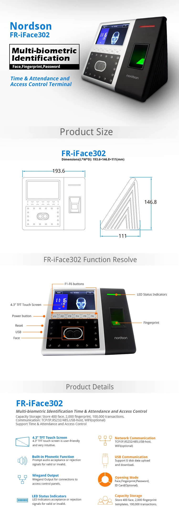 Multi-Language Biometric Facial Fingerprint Terminal with Time Attendance Wiegand Output