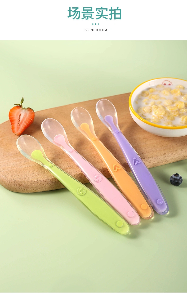 Tableware Wholesale Food Grade Colorful Silicone Baby Spoon Temperature-Sensing Spoon