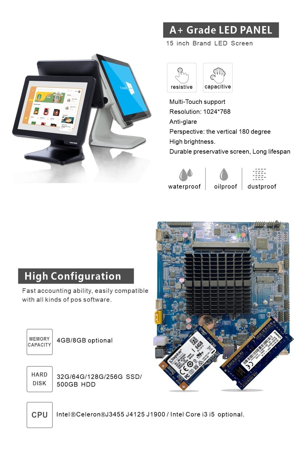 2 Panel Celeron CPU POS Terminal Integrated with Fingerprint Reader