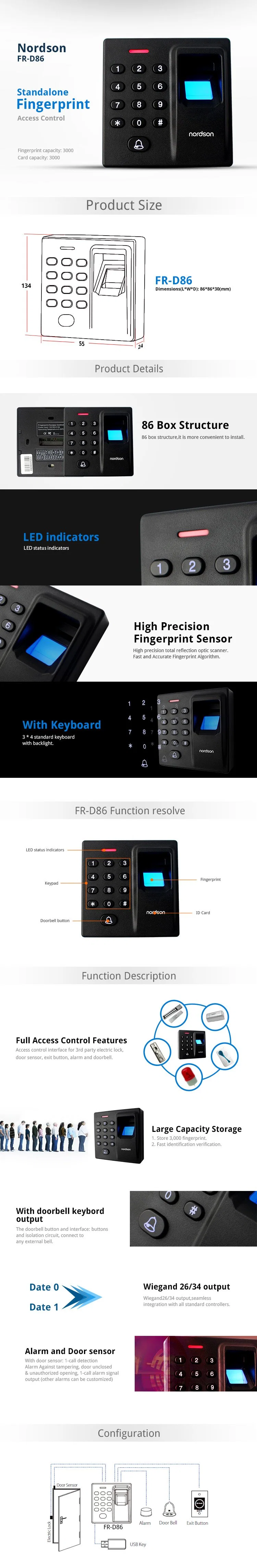 Fr-D86 Standalone Biometric F18 Fingerprint Access Control with Adms with ID Card