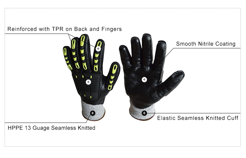 Hot Selling Glossy Nitrile Coated Cut and Impact Resistant Gloves with Bright Fingers for Easy Identification