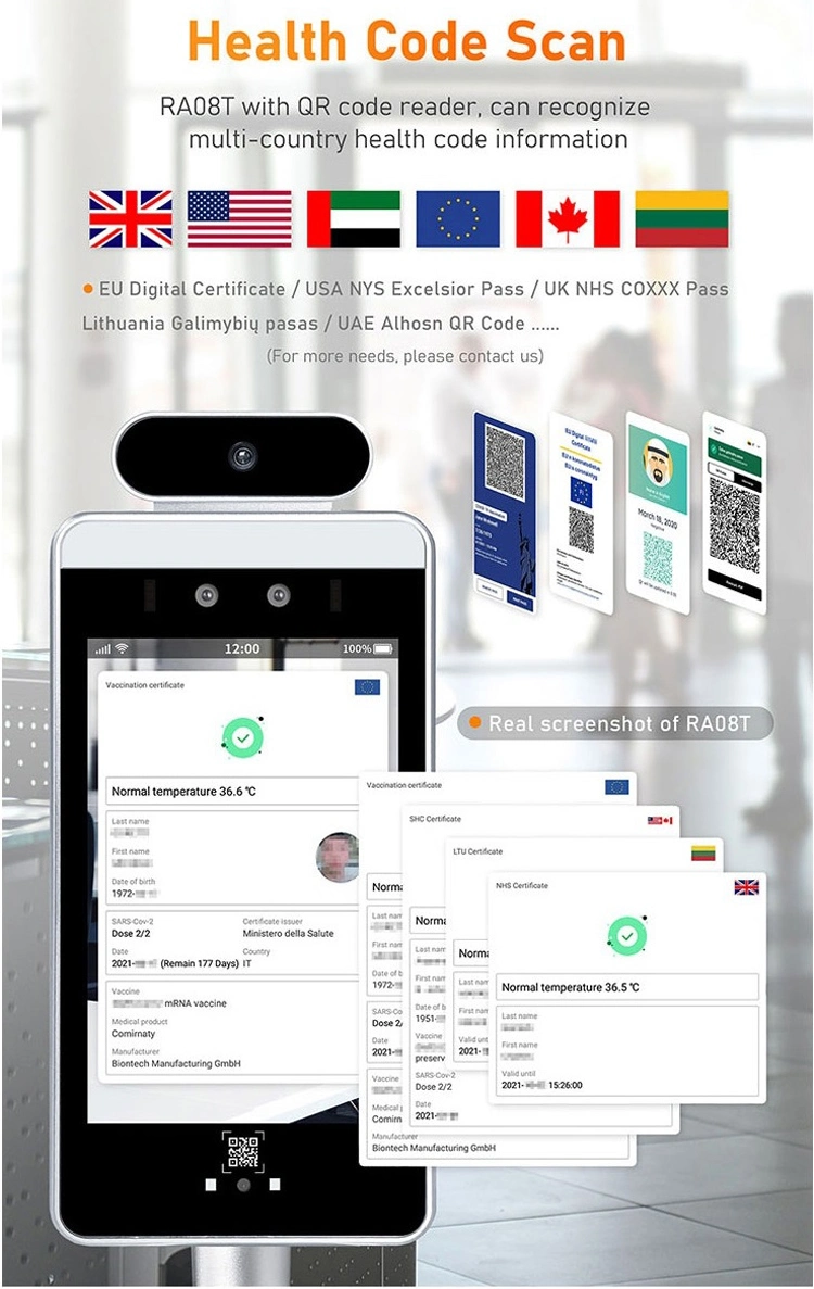 Support Multi-Language Wiegand 26 RS232 4G+WiFi Temperature Measurement Health Pass Code Scanner for Customs HS-620