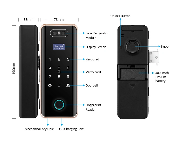 3D Facial Recognition Smart Sliding Glass Door Lock for Office