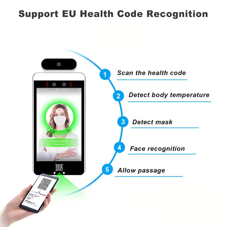 New Products Touchless Digital Green Pass Reader Qr Code Scanner 8 Inch Biometric Facial Recognition Thermometer Access Control Temperature Measurement Terminal