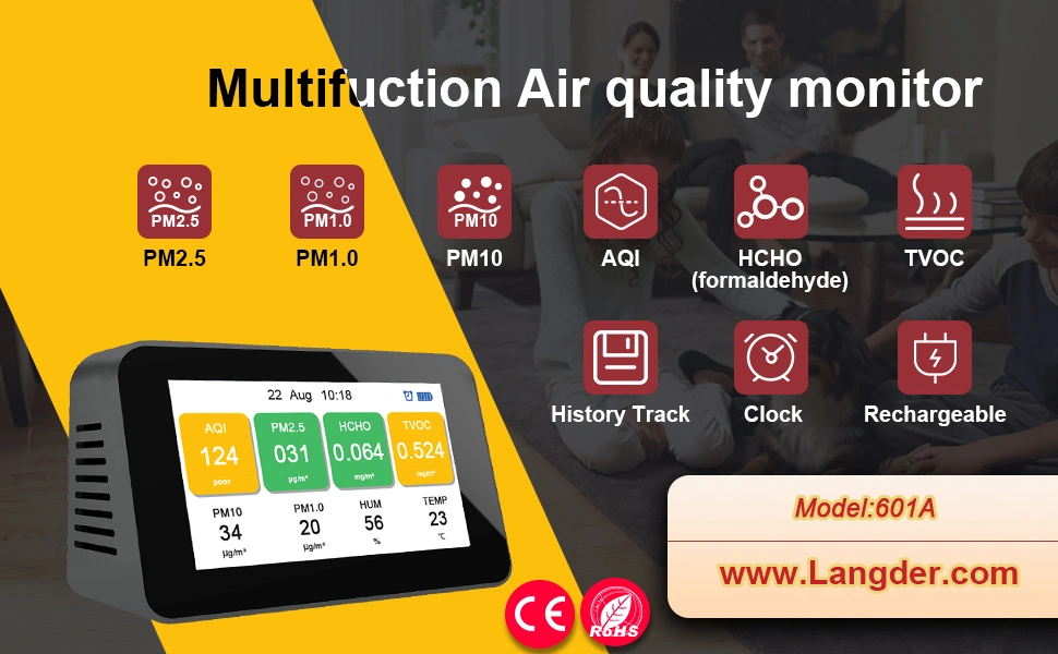 Multifunction LCD Screen 9 in 1 Air Quality Monitor Sensor Tvoc Pm25 Temperature Humidity Measuring Device