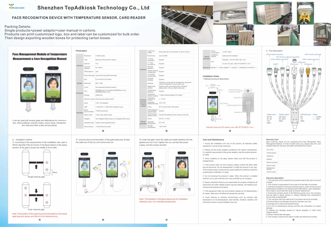 Table Stand Security Access Control Machine with Face Facial Recognition and High Precision Germany Temperature Sensor