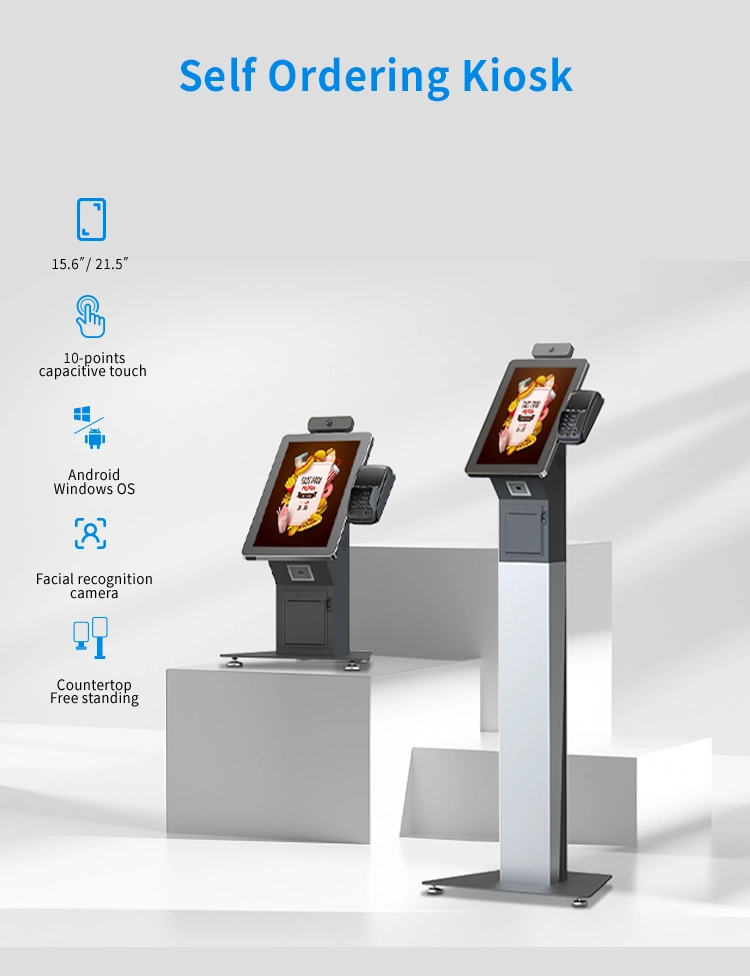15.6 21.5 Inch Kiosk Ordering Capacitive Touch Screen Android Facial Recognition Camera Countertop Free Standing Touch Kiosk Restaurant Ordering Machine