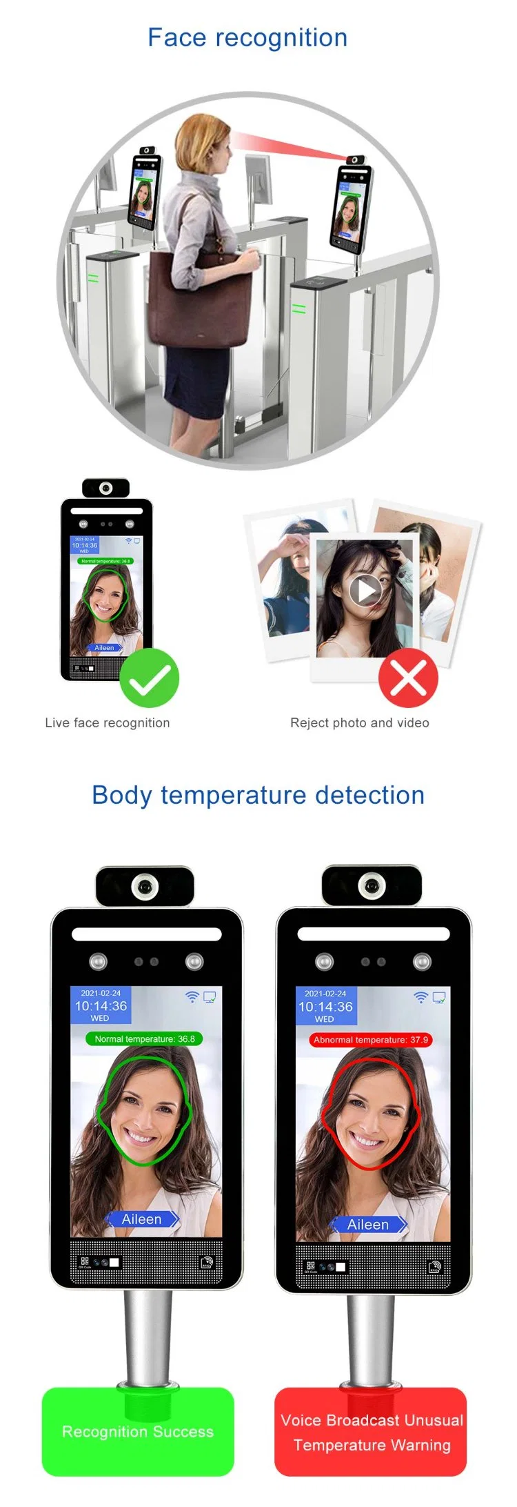 Dual Camera RFID Qr Code Reader Facial Recognition Time Attendance Machine Health Pass Scanner