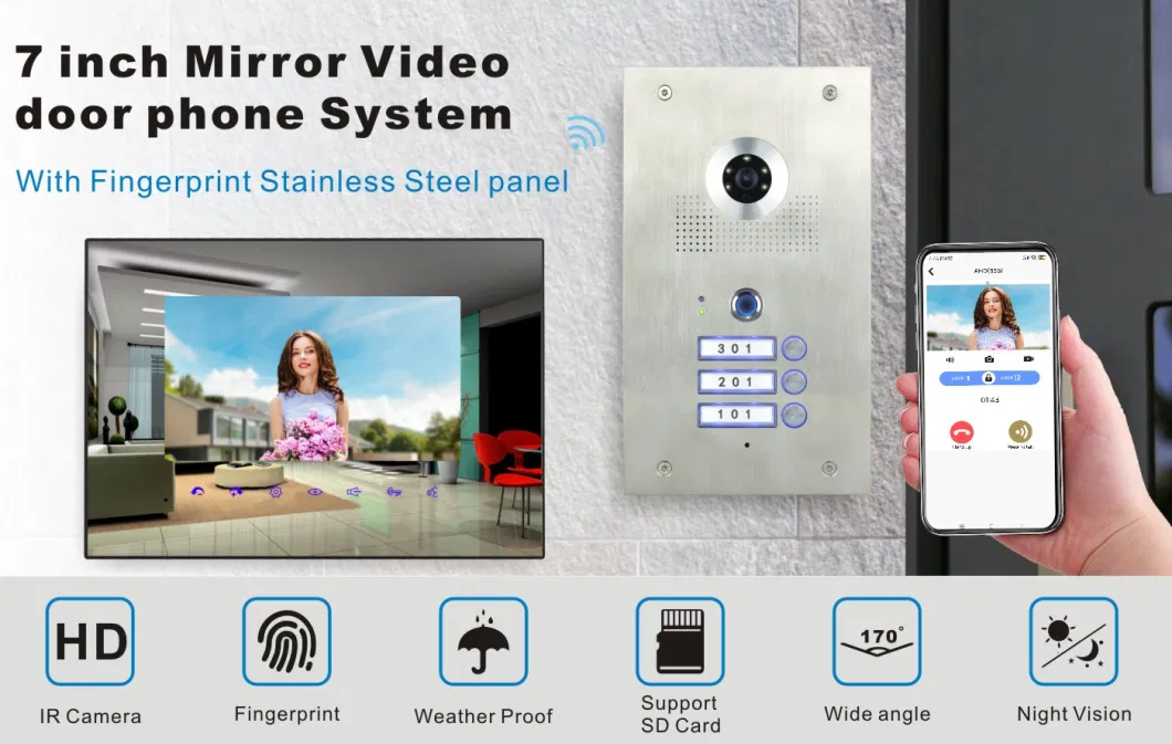 Fingerprint IP Intercom Doorbell, 4 Wires WiFi Video Doorphone for Single House