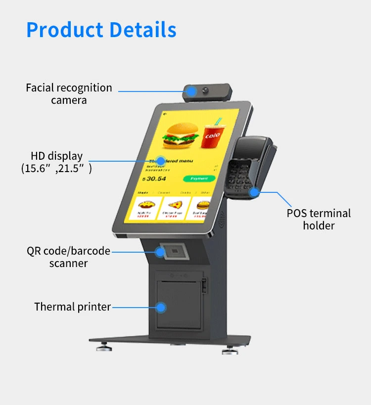Touch Screen Kiosk Guangdong Facial Recognition Camera HD Display POS Terminal Holder Qr Code/Barcode Scanner Kiosk Machine Restaurant Ordering Machine