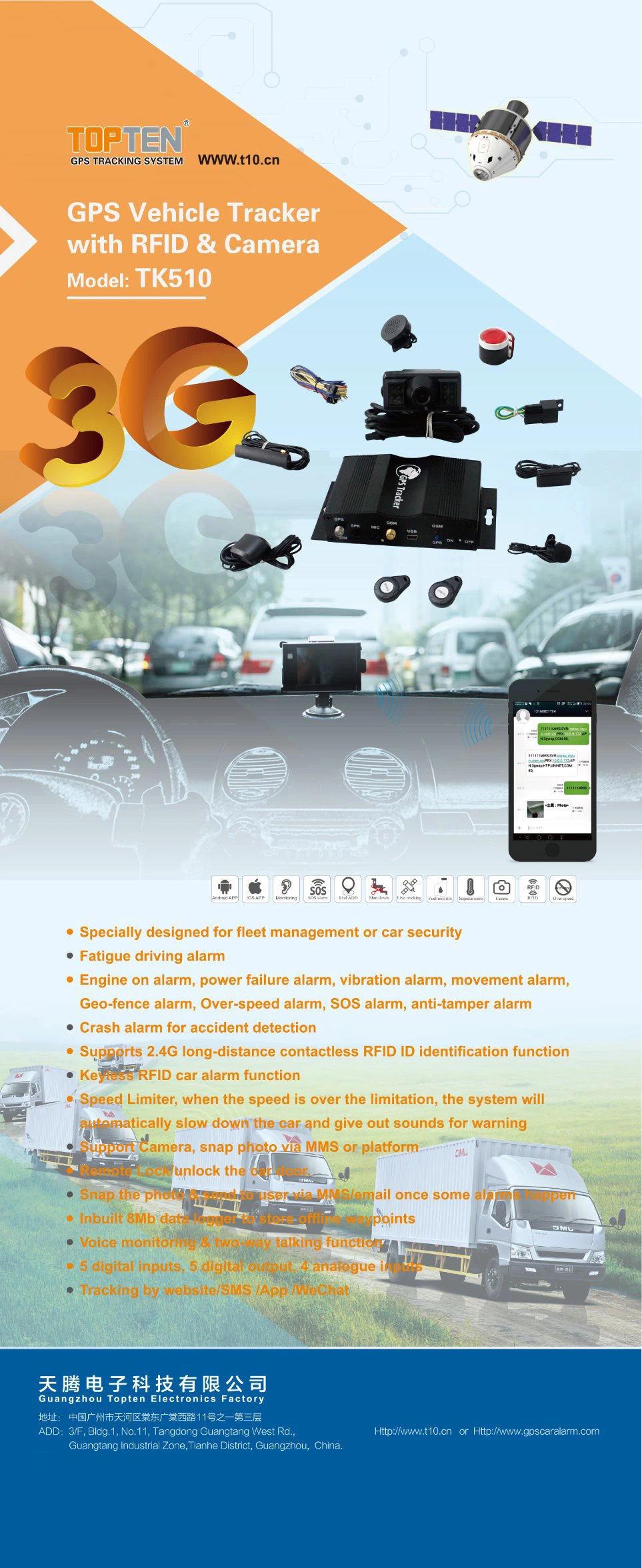 Vehicle Fleet GPS Tracking Device RFID&Camera for Car Truck Suport Fuel Sensor, Fuel Loss Alarm (TK510-TN)