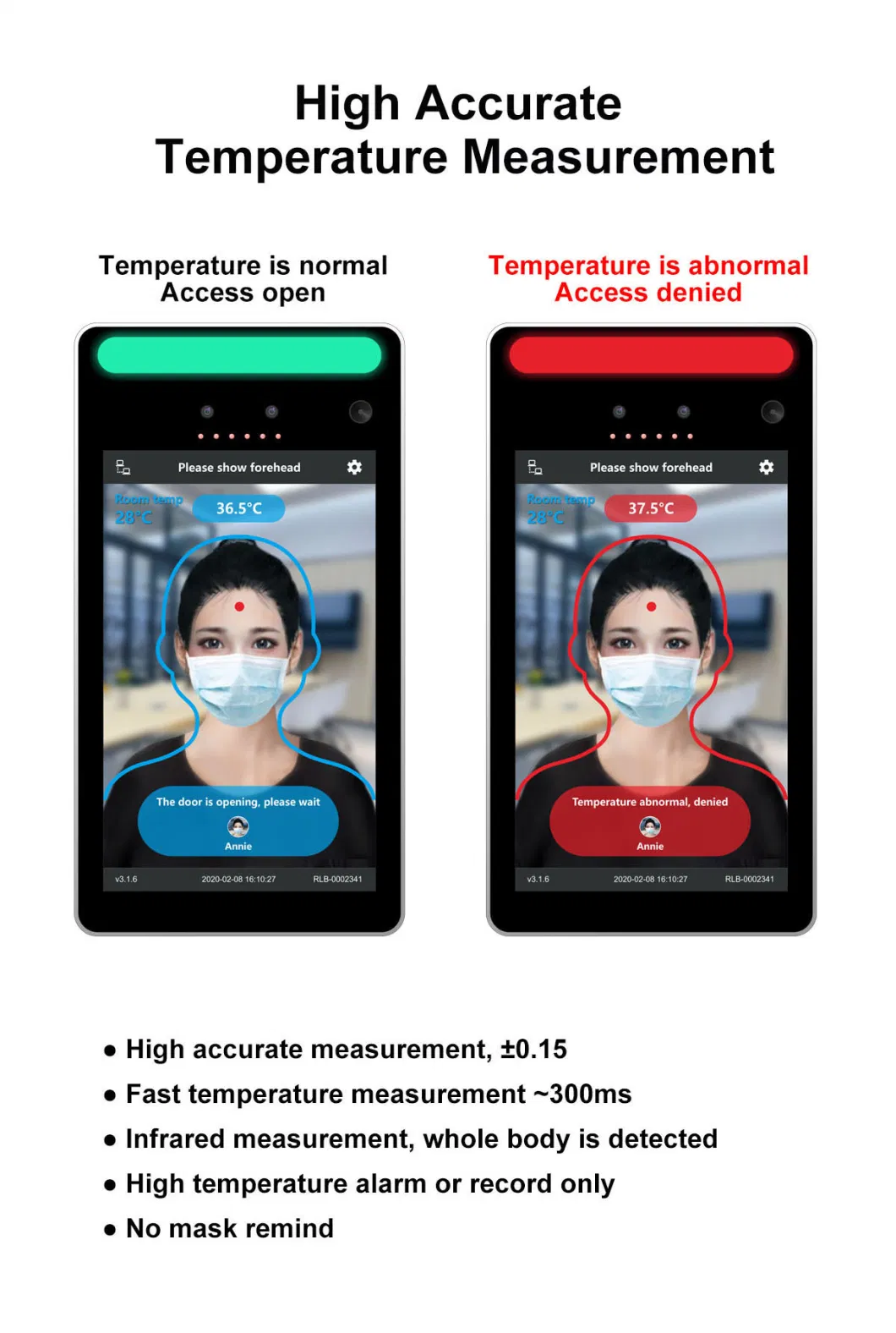 Touch-Screen 8 Inch Face Recognition Device with Infrared Thermometer and Em/MIFARE RFID Reader Access Control Systems