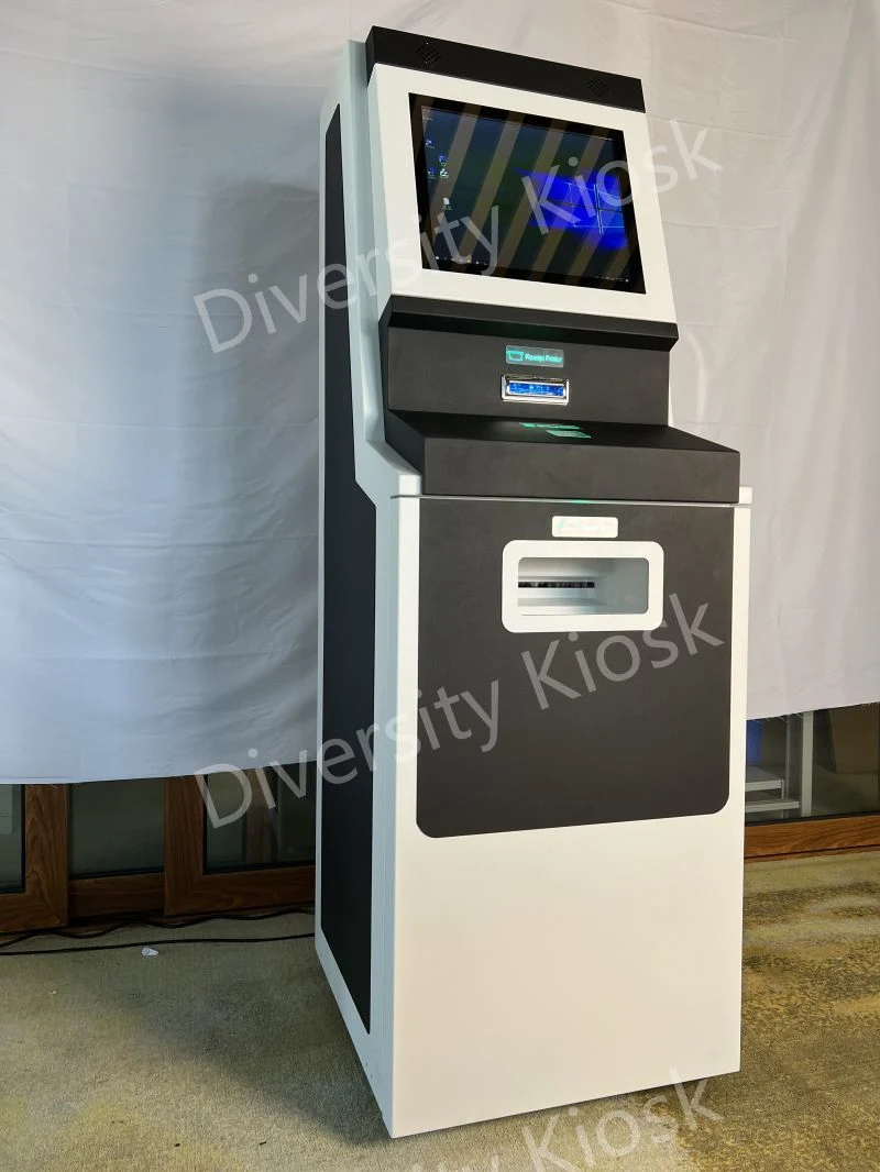 Human Duty Free Bank Card Dispense ATM ID Read Fingerprint Scan Self Service Kiosk Facial Recognition Liveness Detect Camera