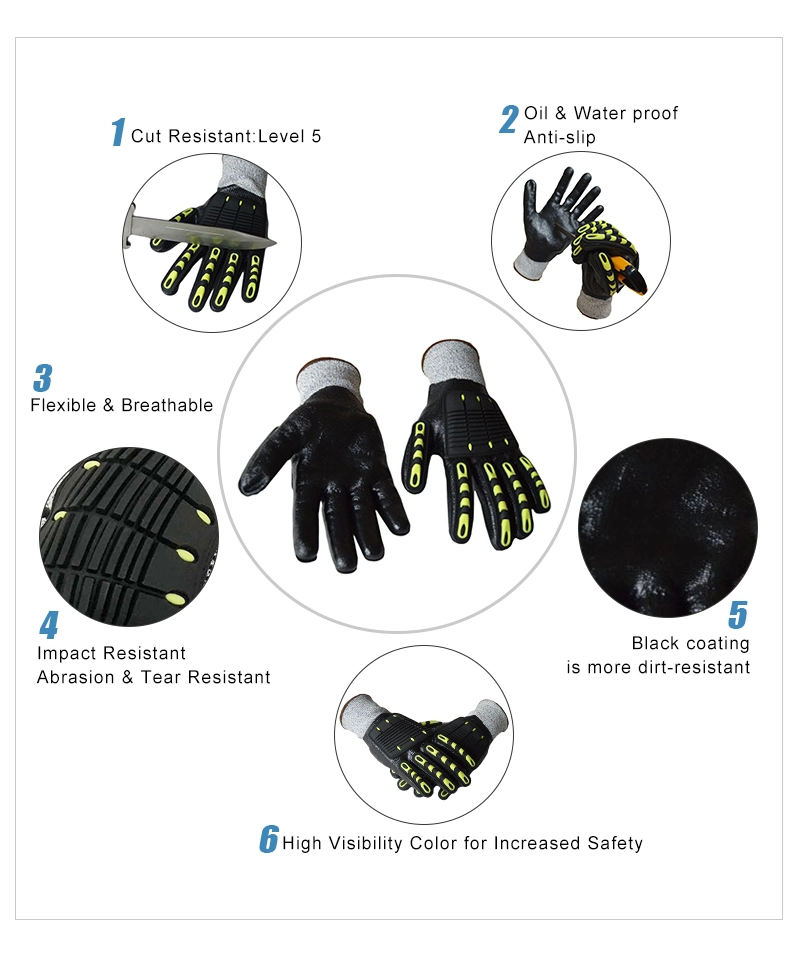 Hot Selling Glossy Nitrile Coated Cut and Impact Resistant Gloves with Bright Fingers for Easy Identification