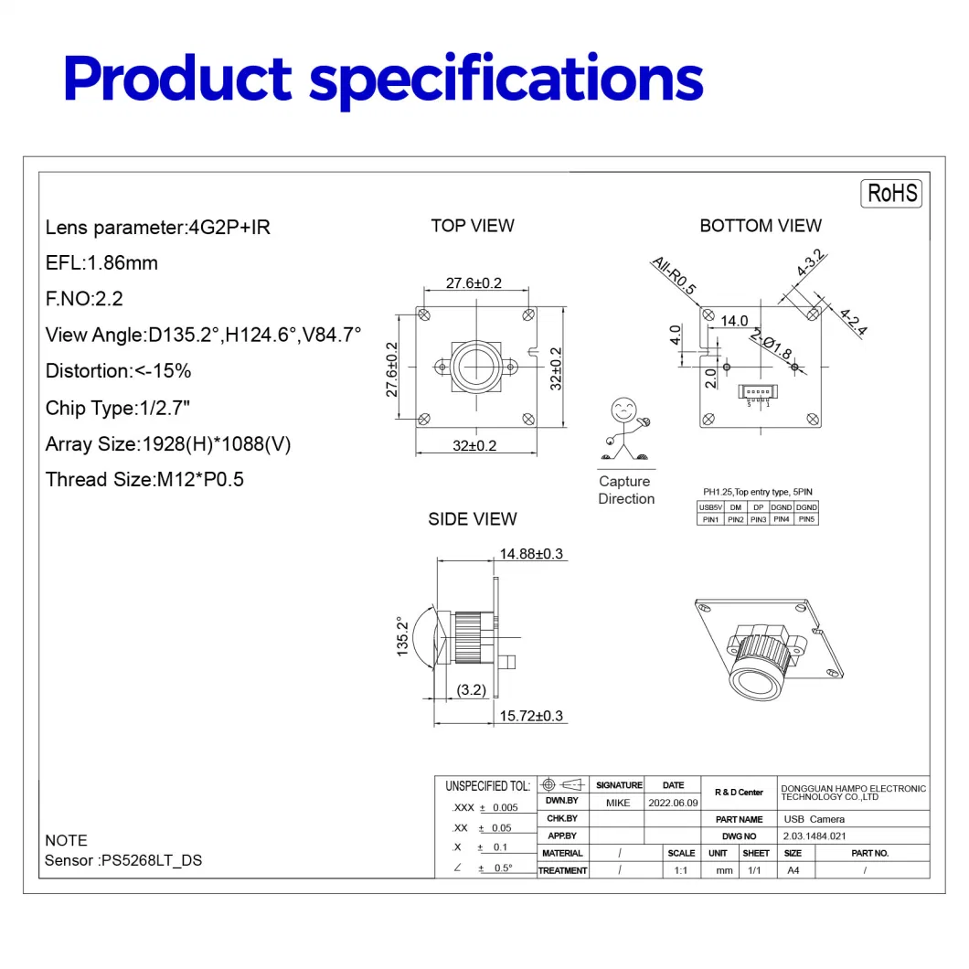 Cost Effective 1080P PS5268 Wide Dynamic Range USB CMOS Camera Module with a Ultra Wide View of Angle for Facial Detection