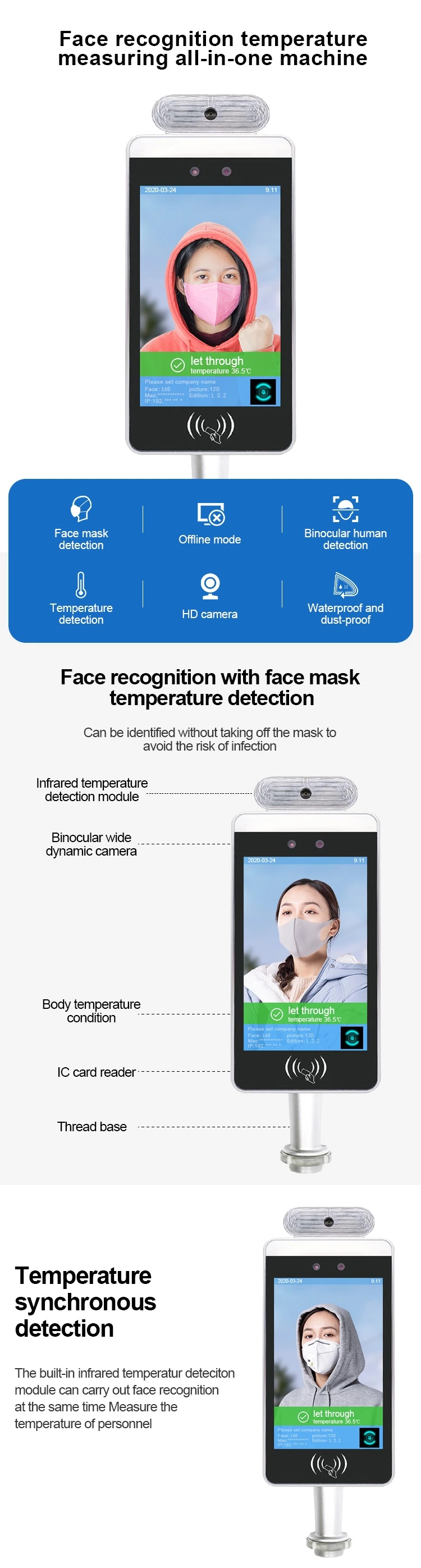 8 Inch Binocular Camera Human Body Temperature Measurement and Real Time Live Detection Face Recognition Terminal with Infrared Thermometer