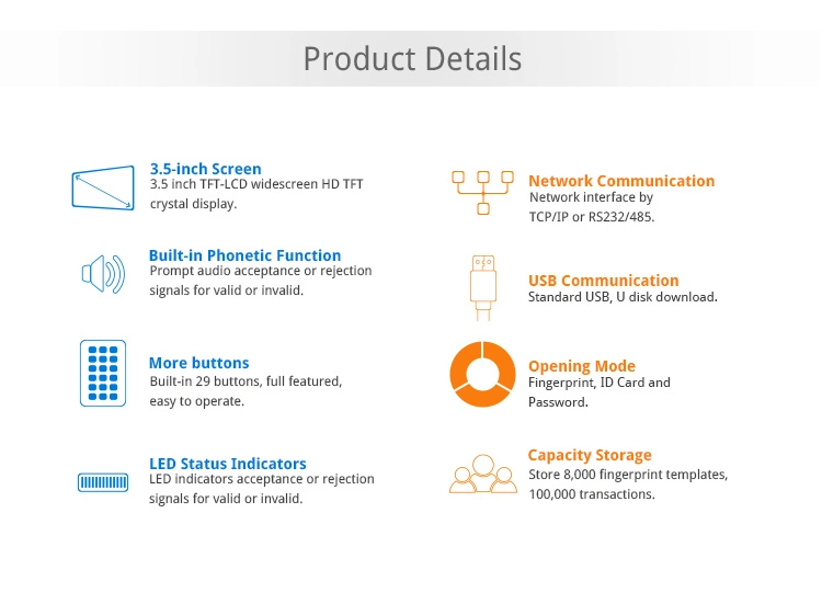 Rmarkable User Experience 3.5 Inch TFT-LCD Screen Fingerprint Time Attendance Terminal