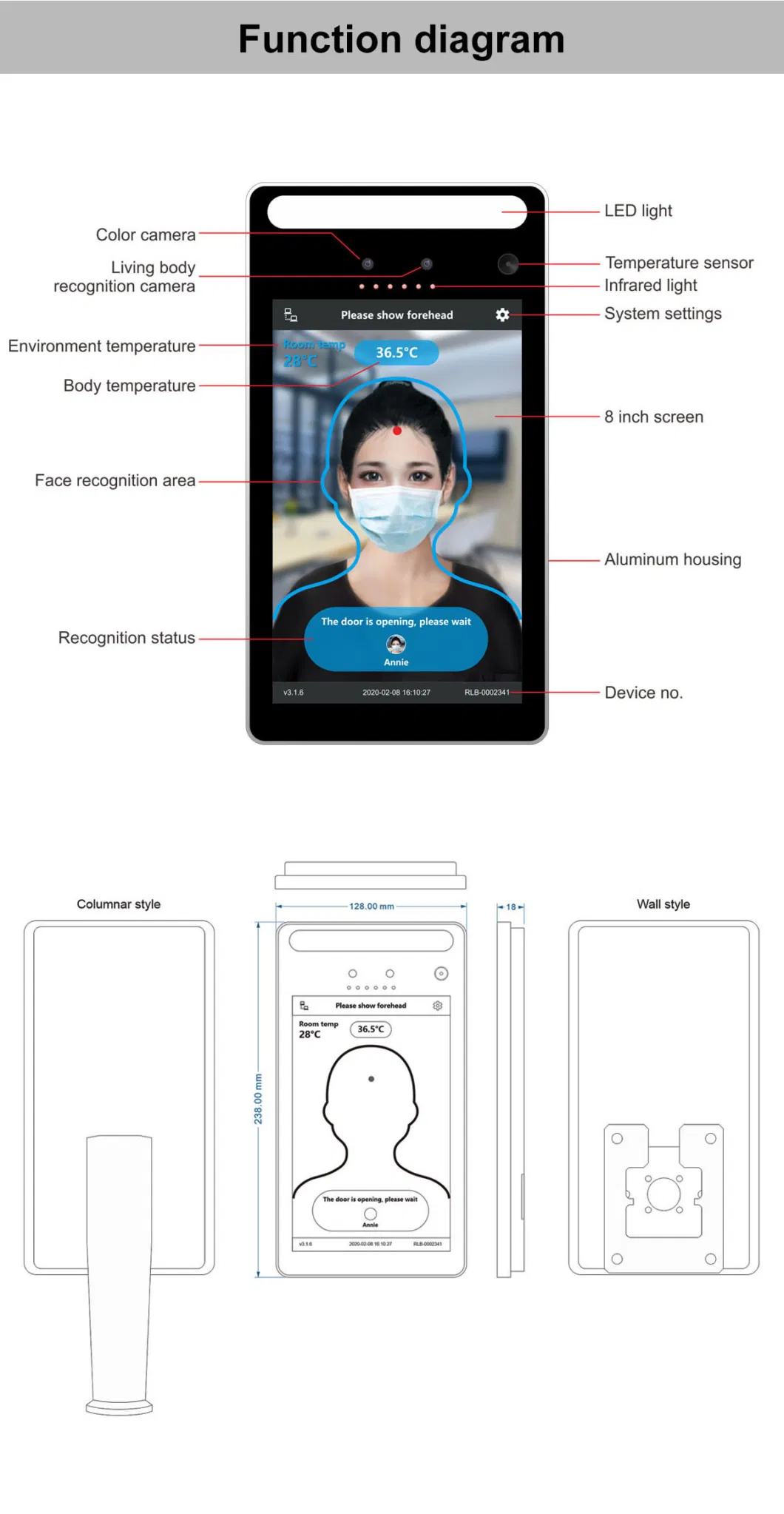 Body Face Recognition Temperature Detection Face Recognition Measurement Terminal All in One Machine Fever Alarm