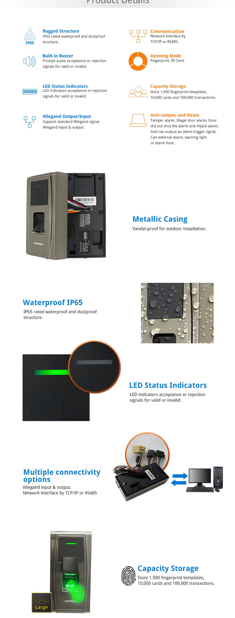 IP65 Metallic Casing Outdoor Biometric Fingerprint Door Lock Portable Fingerprint Time Attendance Terminal